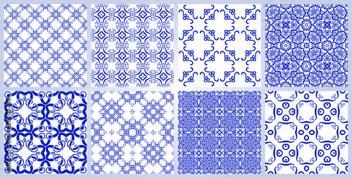 Abstract fantasy thin line hexagon, triangle geometric seamless pattern set. Creative mosaic, tile backgrounds.