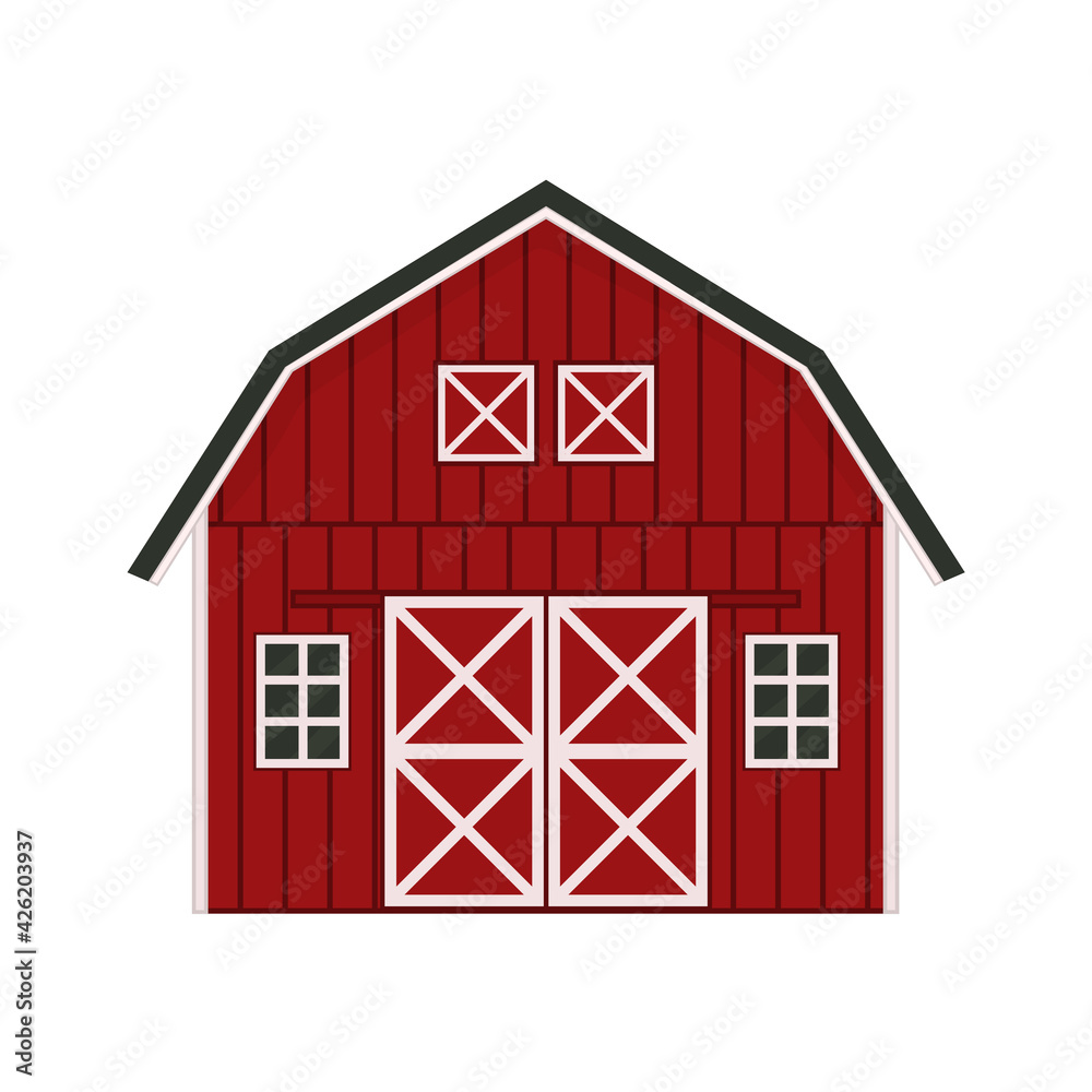 Cartoon doodle red wooden barn house, gray roof, windows and doors with  crossed white boards. Vector Outline isolated hand drawn illustration on  white background, front view. Stock Vector | Adobe Stock