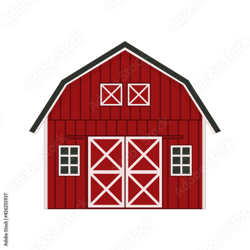 Cartoon doodle red wooden barn house, gray roof, windows and doors with crossed white boards. Vector Outline isolated hand drawn illustration on white background, front view.