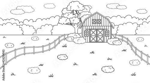 Black white monochrome Summer or spring farm concept in countryside. Cartoon doodle vector cute Red barn, fence and clouds, field and trees, bushes and plants for animal life background, coloring .