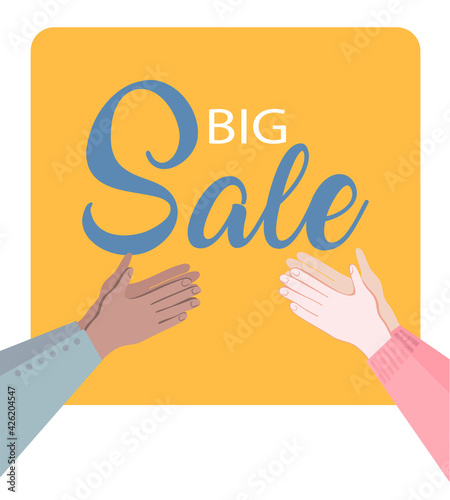Sale banner vector. Applauding hands for discount. Cartoon illustration.