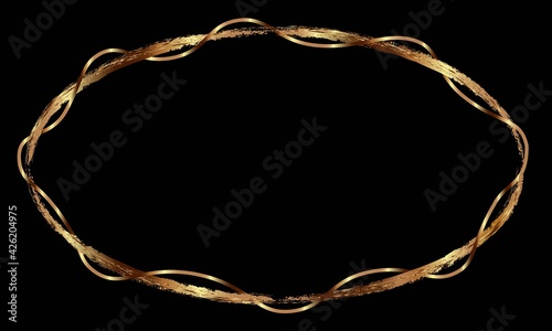 Ornate oval gold frame on a black background. Drawn textured borders with gold or copper effect. Vector elegant borders design.