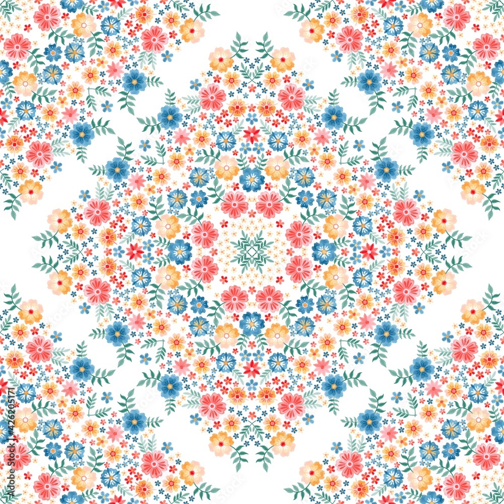 Beautiful seamless pattern with ornament from colorful summer flowers. Print for fabric.
