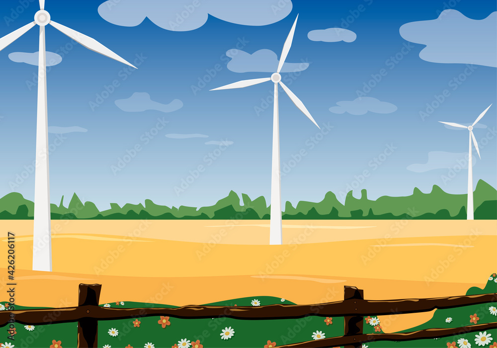 Fototapeta premium Wind turbine in a wheat field. Landscape flowers and blue sky in the countryside.