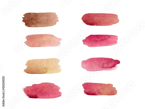 Watercolor brown, red and pink color swatches set. Colorful brush strokes collection isolated on white background.