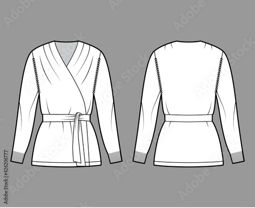 Wrap cardigan technical fashion illustration with V- neck, tie, long sleeves, slim fit, hip length, knit rib trim. Flat Sweater apparel front, back, white color style. Women, men unisex CAD mockup