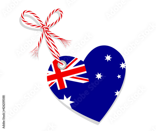 Fahne als Herz  „I Love Australien“ mit Kordel-Schleife,
Vektor Illustration isoliert auf weißem Hintergrund
