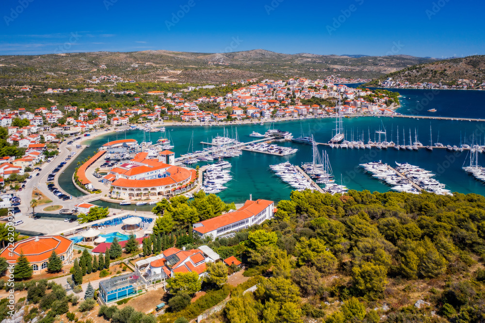 Aerial View of Yacht Club and Marina called Marina Frapa in Rogoznica, Croatia. September 2020