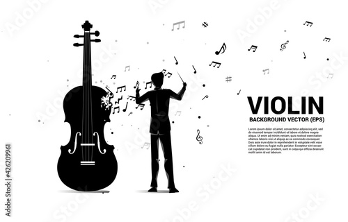 Vector silhouette of conductor with violin with music melody note dancing flow. Concept background for song and concert theme.