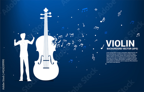 Vector silhouette of conductor with violin with music melody note dancing flow. Concept background for song and concert theme.