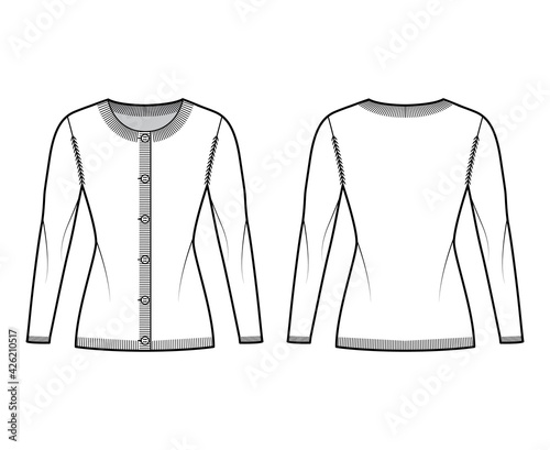 Round neck cardigan sweater technical fashion illustration with long sleeves, fitted body, hip length, knit rib cuff. Flat jumper apparel front, back, white color style. Women, men unisex CAD mockup