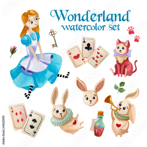 Wonderland watercolor set with girl in blue dress, magic rabbit, roses, cards and magic stuff