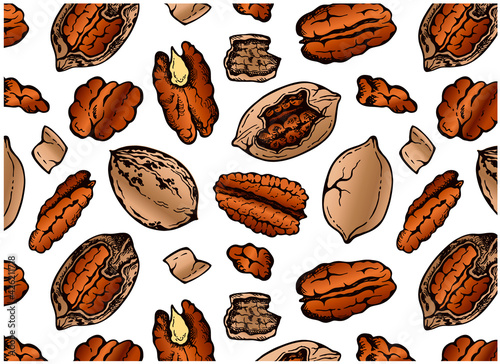 Sketch hand drawn pattern of brown pecan nuts in shell isolated on white background. Drawing organic nut wallpaper. Walnut, line art snack packaging, vegan, vegetarian food. Vector illustration.