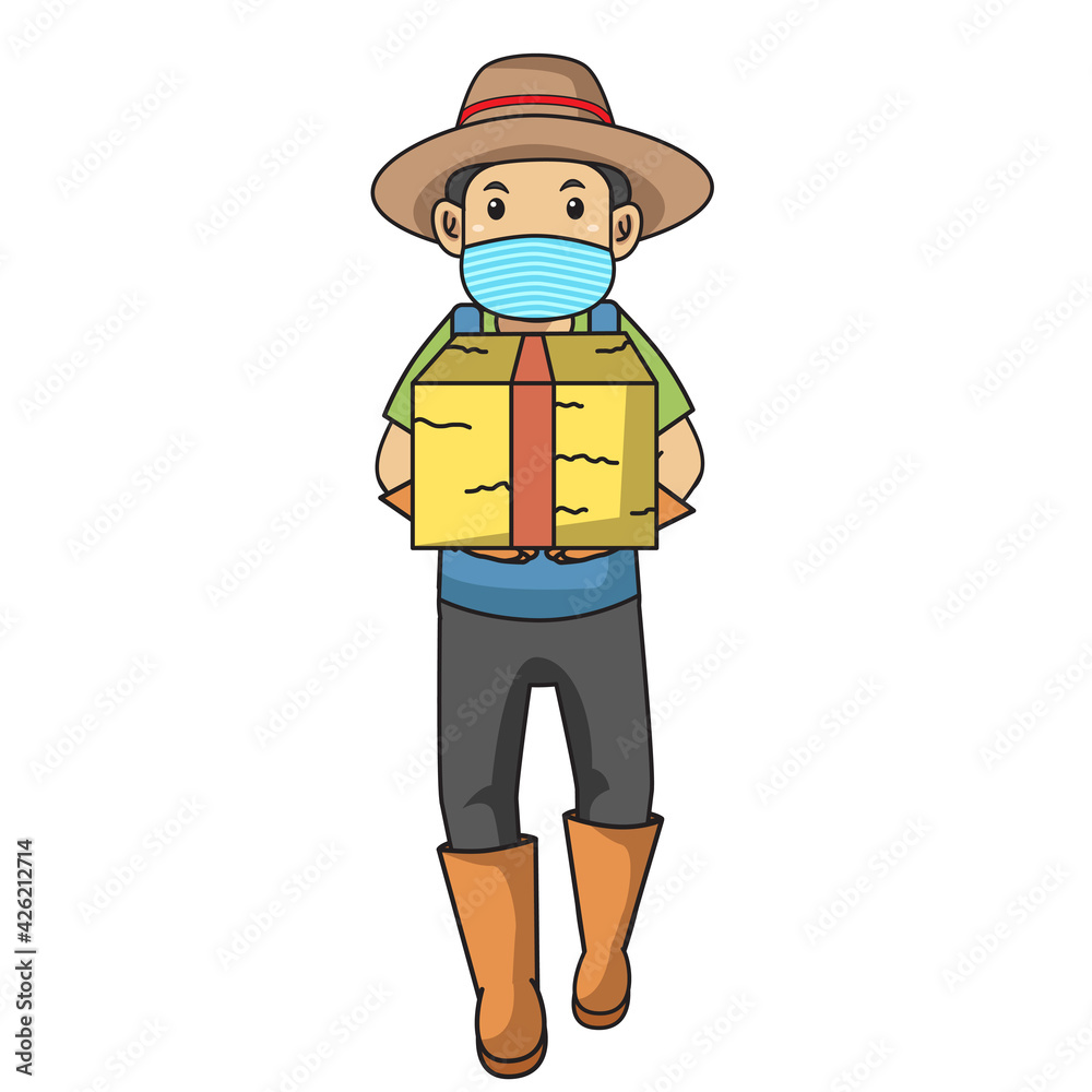 man carrying straw,active in farm using mask.character illustration.