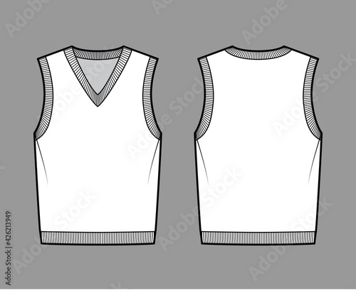 Pullover vest sweater waistcoat technical fashion illustration with sleeveless, rib knit V-neckline, oversized body. Flat template front, back, white color style. Women, men, unisex top CAD mockup