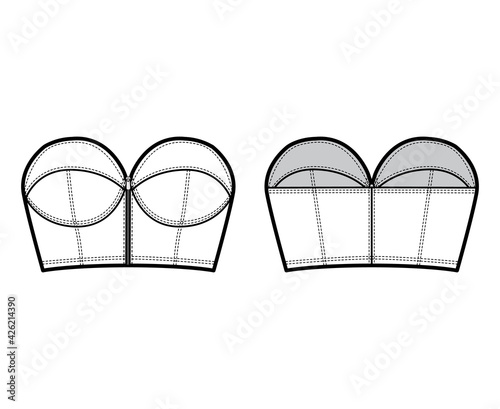 Denim bustier top technical fashion illustration with zip-up closure, cups strapless , slim fit, crop length. Flat bra template front, back, white color style. Women, men, unisex CAD mockup