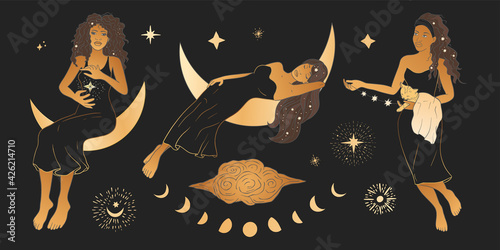 Celestial African American woman sacred astrology feminine boho esoteric golden and black black art. Moon and star magic golden vector.