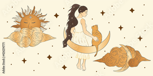 Celestial girl and a cat sacred astrology woman boho esoteric golden art. Moon, sun, cloud and star magic vector card.