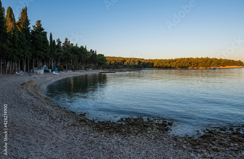 Croatia, Brac island, beach Supetrus at sunrise near Supetar. August 2020.