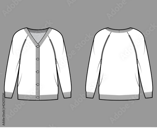 Sweater cardigan technical fashion illustration with V- neck, long raglan sleeves, oversized, fingertip length, knit rib trim. Flat apparel front, back, white color style. Women, men unisex CAD mockup
