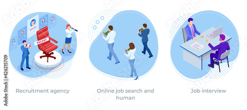 Isometric hiring and recruitment concept for web page, banner, presentation. Online job search, human resource concept. Infographics of Business data visualization. Job interview, recruitment agency