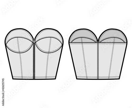 Denim bustier top technical fashion illustration with zip-up closure, cups strapless , slim fit, waist crop length. Flat bra template front, back, grey color style. Women, men, unisex CAD mockup