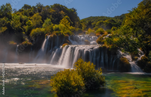 KRKA NATIONAL PARK, CROATIA - september 2020: Unidentified tourists swim in the Krka River in the Krka National Park in Croatia. It is one of the National Parks in Croatia with an area of 109 km2