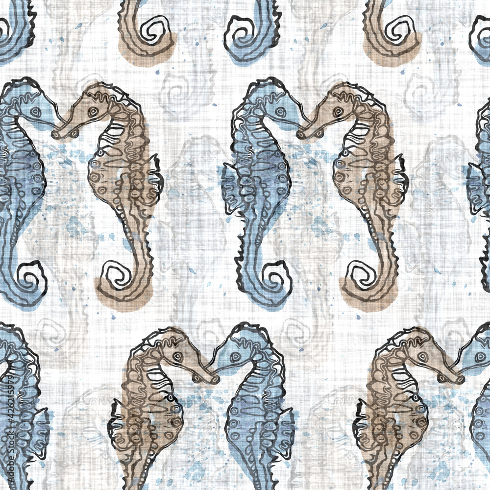 Fototapeta premium Watercolor seahorse pair washed out linen texture background. Summer coastal living style home decor fabric effect. Rustic light white grunge textile. Seamless repeat pattern for shabby chic wedding 