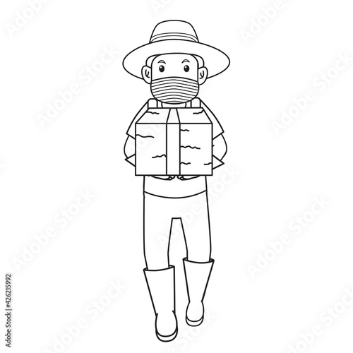 man carrying straw, active in farm using mask.character illustration.