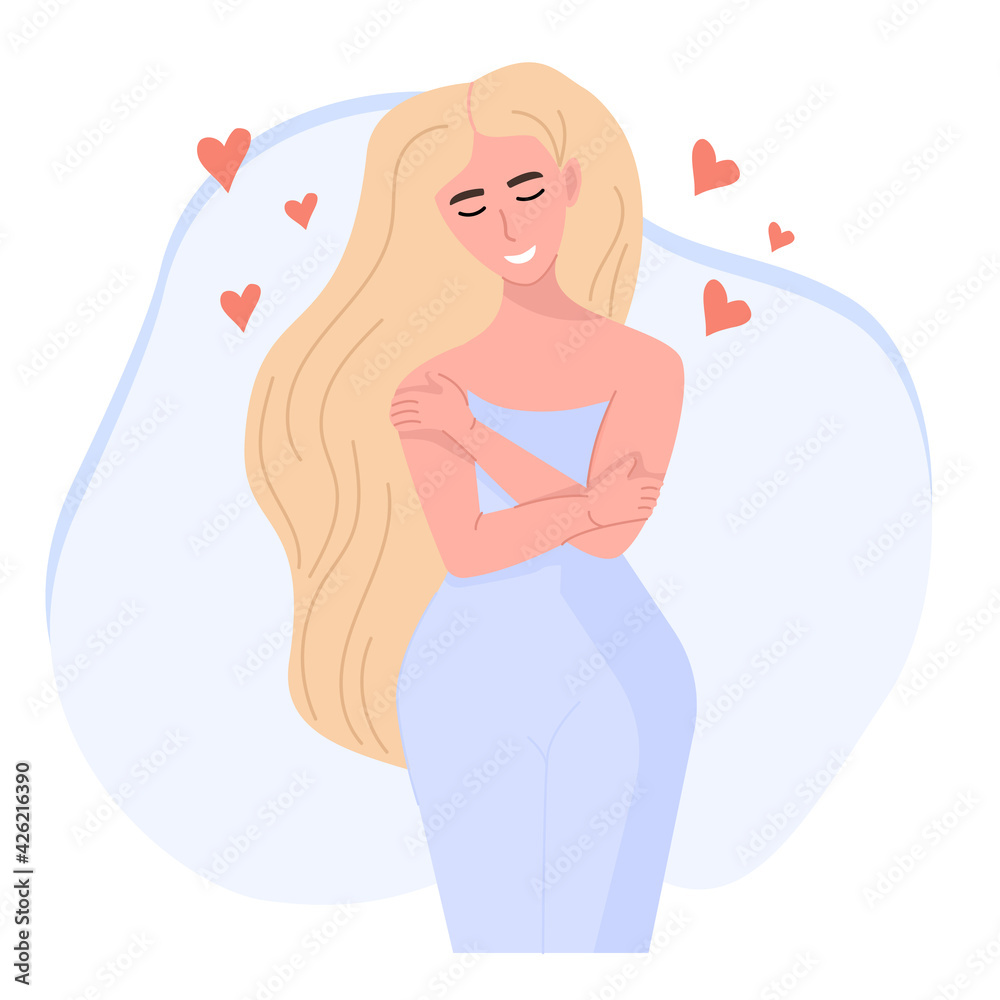 Love yourself. Smiling woman hug herself. Body care design concept. Inspirational print design, feminism, self care and bodypositive poster. Colorful vector illustration in flat cartoon style Love yourself. Smiling woman hug herself. Body care design concept. Inspirational print design, feminism, self care and bodypositive poster. Colorful vector illustration in flat cartoon style
