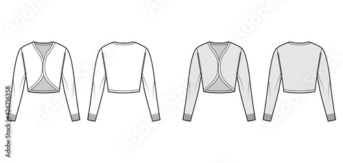 Shrug bolero cardigan technical fashion illustration with V- neck, long sleeves, slim fit, crop length, knit rib trim. Flat Sweater apparel front, back, white grey color. Women, men unisex CAD mockup