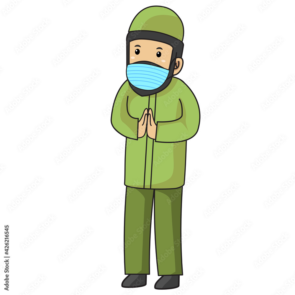 Muslim man are greeting forgiveness with another muslim, using mask and healthy protocol.Character illustration. Muslim man are greeting forgiveness with another muslim, using mask and healthy protocol.Character illustration.