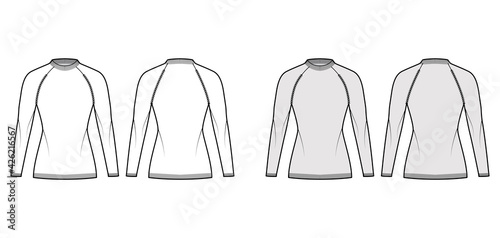 Fisherman Sweater technical fashion illustration with rib crewneck, long raglan sleeves, hip length, knit trim. Flat jumper apparel front, back, white grey color style. Women men unisex CAD mockup