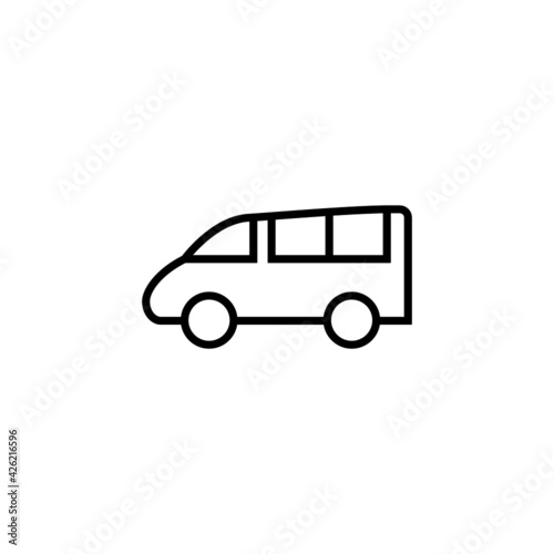 mini Camper car icon, camper van symbol in flat black line style, isolated on white background