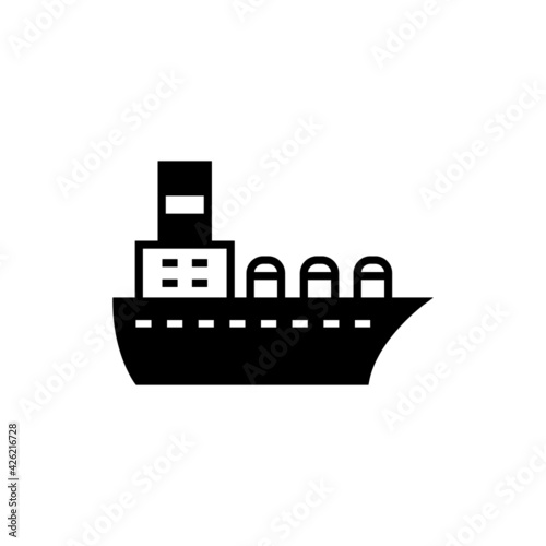 Gas, oil tanker ship icon in solid black flat shape glyph icon, isolated on white background