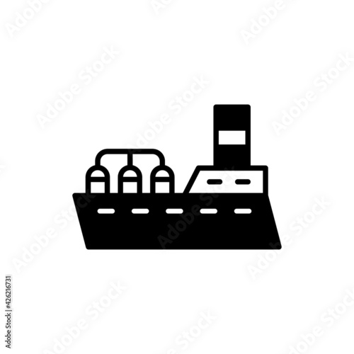 Gas, oil tanker ship icon in solid black flat shape glyph icon, isolated on white background
