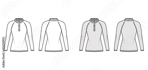 Polo Sweater technical fashion illustration with rib henley neck, long raglan sleeves, slim fit, hip length, knit trim. Flat garment apparel front, back, white grey color style. Women, men CAD mockup