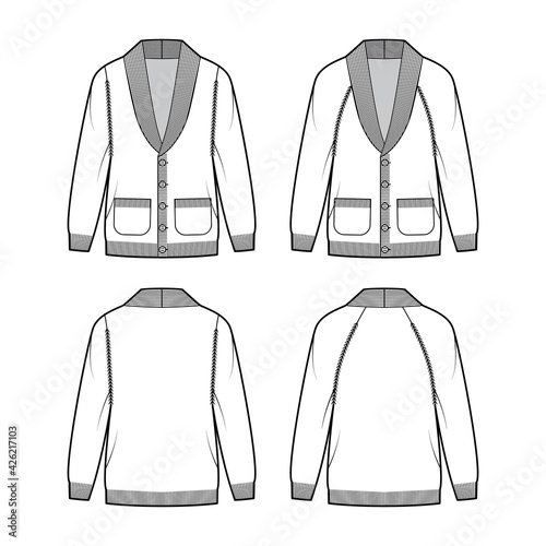 Set of Cardigans Shawl collar Sweater technical fashion illustration with long sleeves, oversized, fingertip length, knit rib trim. Flat apparel front, back, white color. Women, men unisex CAD mockup