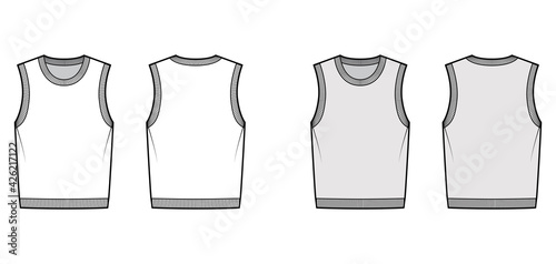 Pullover vest sweater waistcoat technical fashion illustration with sleeveless, rib knit round neckline, oversized body. Flat template front, back, white, grey color style. Women, men top CAD mockup