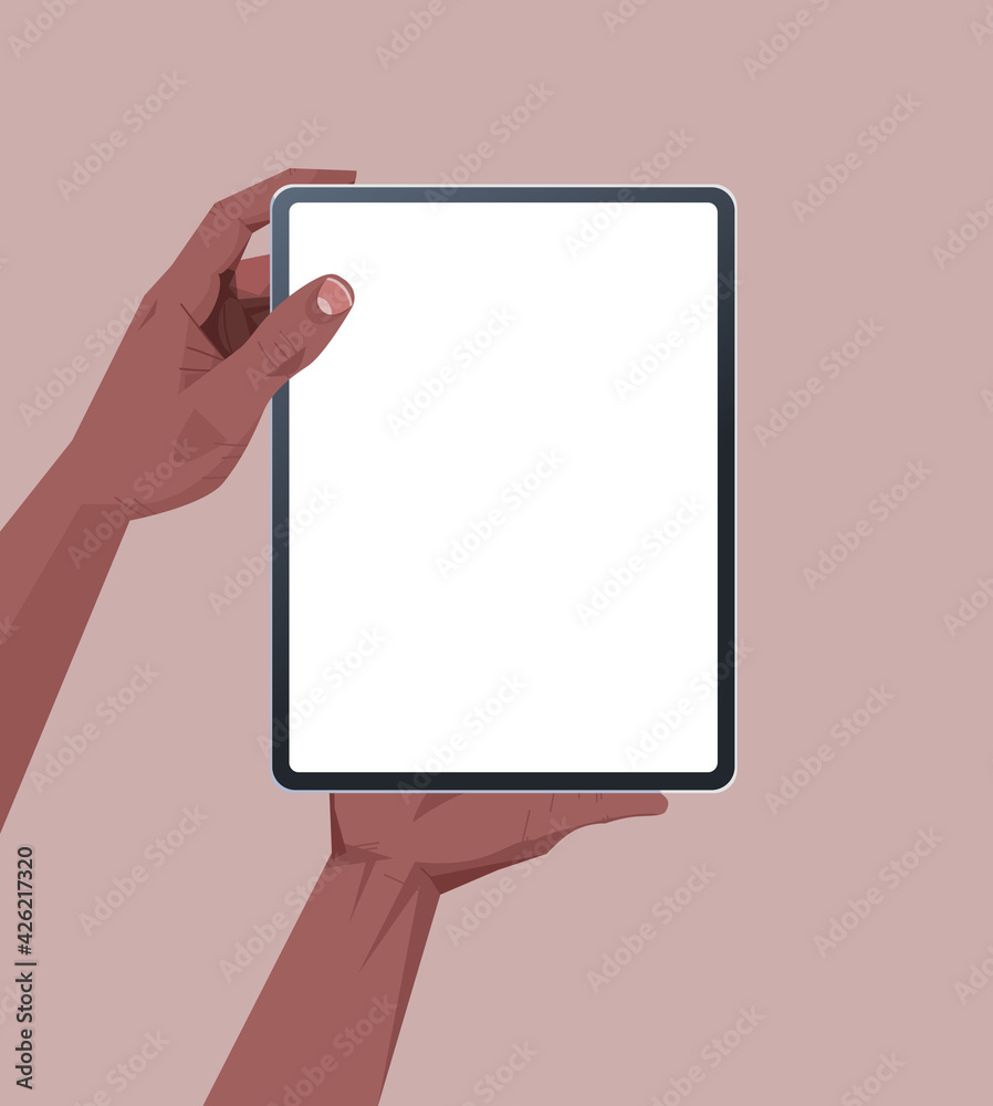 african american human hands holding tablet pc with blank touch screen using digital device concept isolated
