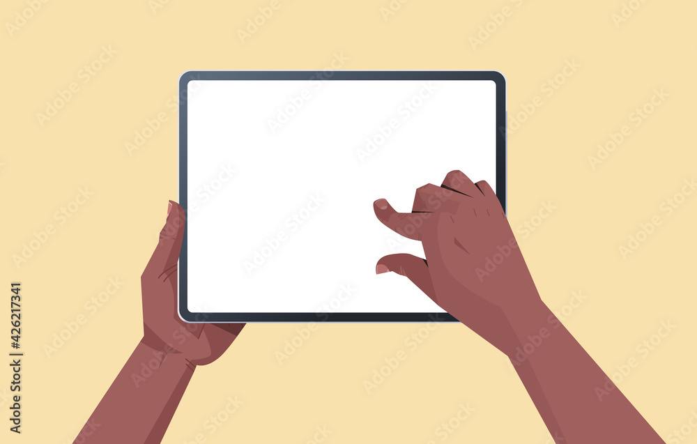 african american human hands holding tablet pc with blank touch screen using digital device concept isolated