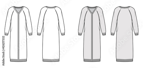 Midi cardigan technical fashion illustration with rib V- neck  long raglan sleeves  mid-calf length  knit trim. Flat Sweater apparel front  back  white grey color style. Women  men unisex CAD mockup