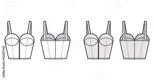 Denim bustier top technical fashion illustration with thin straps, zip-up closure, cups, slim fit, waist crop length. Flat bra template front, back, white, grey color. Women, men, unisex CAD mockup
