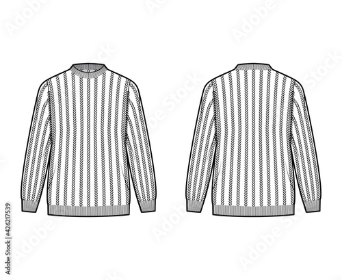 Ribbed Sweater technical fashion illustration with rib crew neck, long sleeves, oversized, hip length, knit cuff trim. Flat jumper apparel front, back, white color style. Women, men unisex CAD mockup