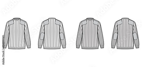 Army Sweater technical fashion illustration with rib crew V-neck, long sleeves, oversized, hip length, knit cuff trim. Flat jumper apparel front, back, white grey color. Women, men unisex CAD mockup