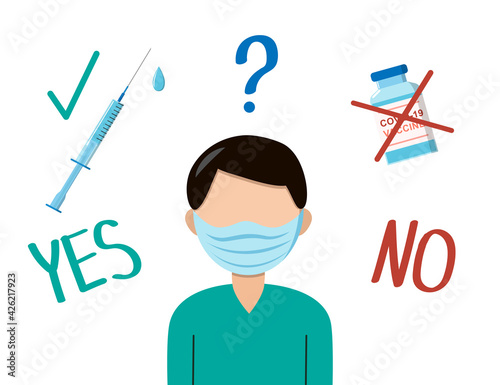 Vaccination vector concept. White man making a choice. Flat character with mask desides to vaccinate. Covid vaccine and syringe with cure. photo