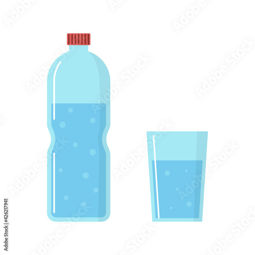 Vector bottle of water and full glass on white background. Drinking fresh water with bubbles in flat style