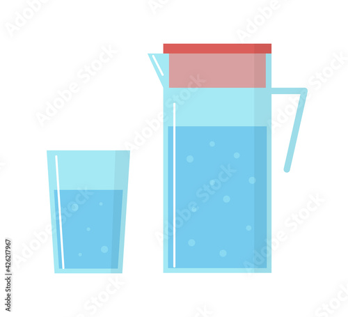 Glass of drinking water and the glass jug on white background. Vector blue liquid in flat style