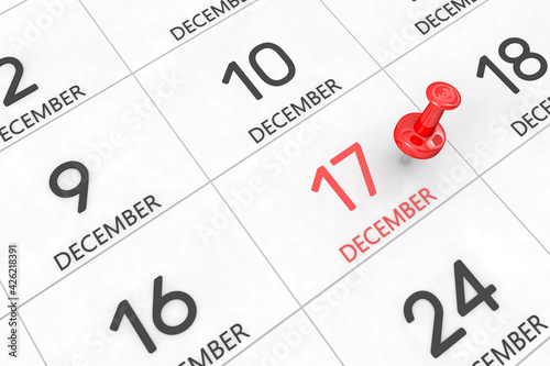 3d rendering of important days concept. December 17th. Day 17 of month. Red date written and pinned on a calendar. Winter month, day of the year. Remind you an important event or possibility.