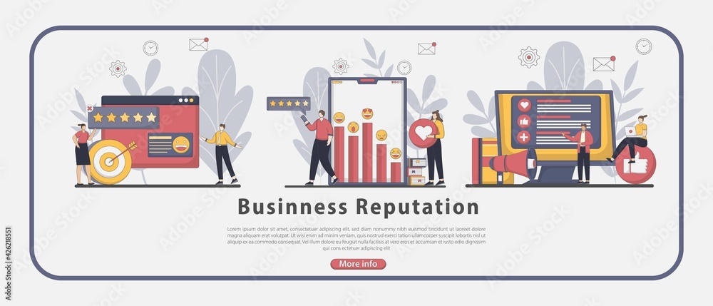 Set of Flatline design Business reputation landing page illustration. Concept of reputation management. People and improving customer loyalty. Online rating and feedback. Flat vector illustration